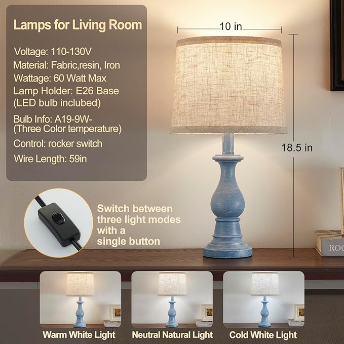 Vintage Table Lamp for Living Room Bedroom, 18.5" Farmhouse Bedside Lamps Nightstand Lamp Set of 2, Table Lamps with Oatmeal Linen Lamp Shades, 2 LED Bulbs Included, Blue