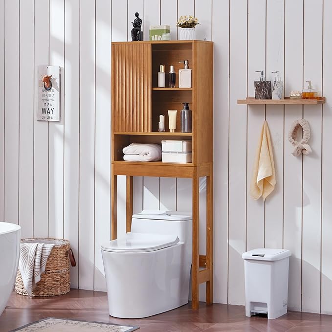 LEYAOYAO Fluted Over The Toilet Storage Cabinet, Farmhouse Over Toilet Bathroom Organizer with a Sliding Door, 68" Tall Tea Brown Freestanding Washer Shelf with Adjustable Shelf & Curved Profile