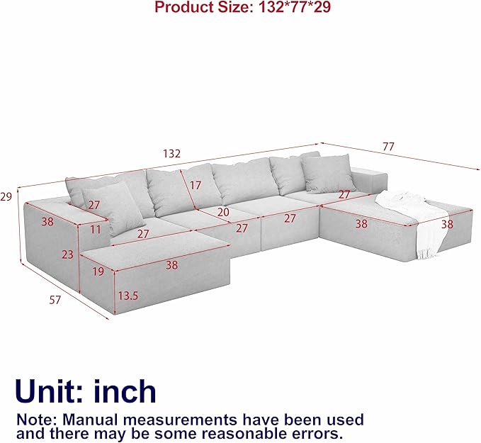 132" Modular Sectional Sleeper Sofa Couch, Modern Cloud Chenille Sectional Couch with Ottoman, Boneless U Shape Couches for Living Room, Free Combination, No Assembly Required, Black