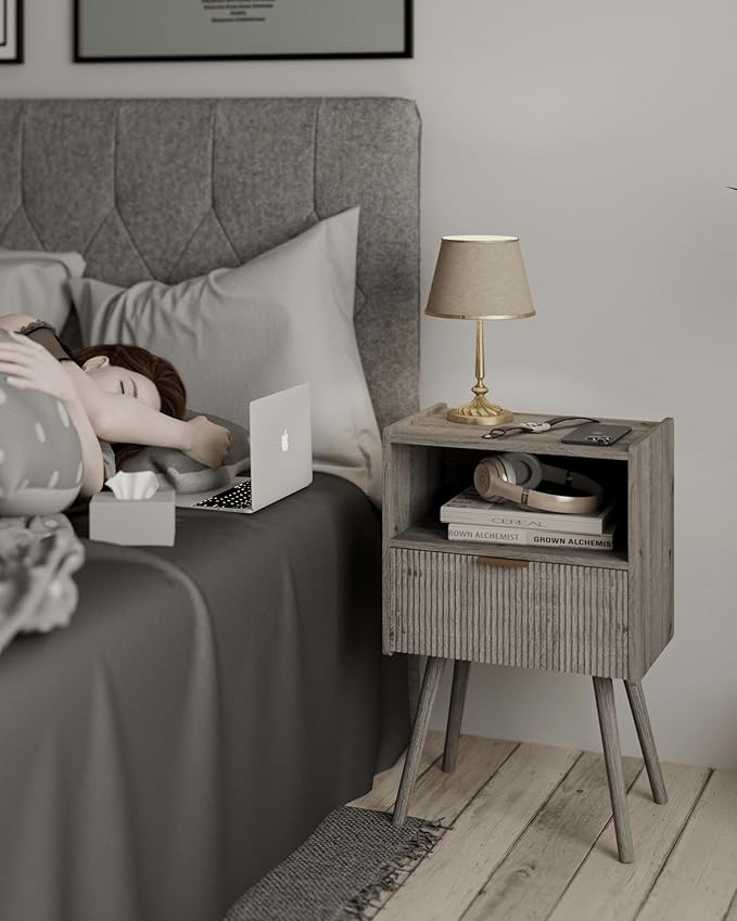 JOONEE Nightstand,Modern Bedside Table with Storage Drawer and Open Wood Shelf, for Living Room, Bedroom and Small Spaces, Accent Night Stand with Solid Wood Legs, Easy Assembly,Grey Oak