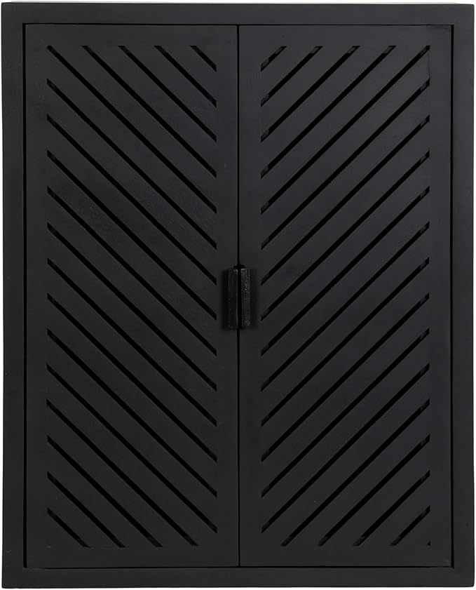 Kate and Laurel Mezzeta Decorative Modern Two-Door Floating Bathroom Cabinet; 22 x 7 x 28; Black; Decorative Over Toilet Storage Cabinet Made from Solid Mango Wood with Slatted Chevron Design