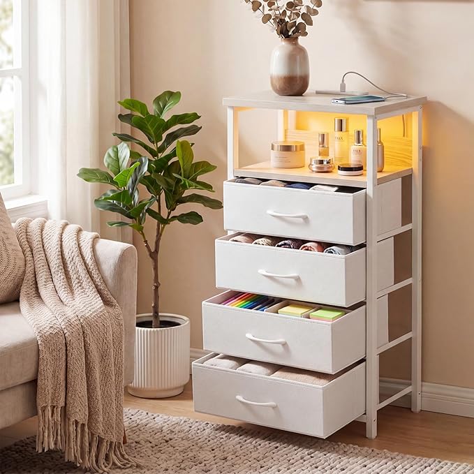 Fixwal Tall Nightstand with Charging Station, Night Stand with U-S-B Ports and Outlets, 4 Fabric Storage Drawers with PU Finish, Small Dresser Bed Side Table, White