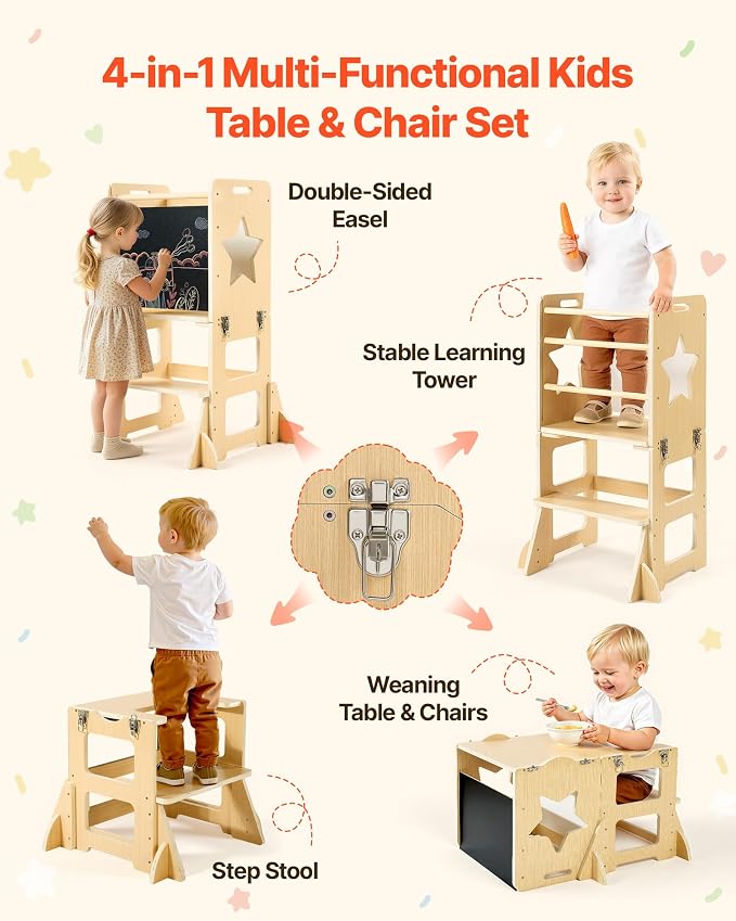 VEVOR 4-in-1 Toddler Kitchen Step Stool, Foldable Learning Standing Tower with Blackboard & Whiteboard, Wooden Kitchen Stool Helper with Detachable Stool, Montessori Table and Chair Set for Ages 1-3