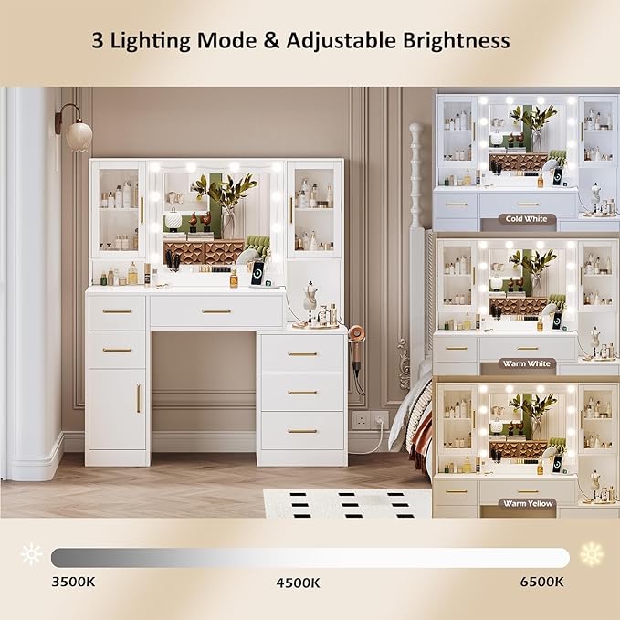 TOKSOM 51" Vanity Desk with Mirror and Lights & Charging Station, Bedroom Dressing Table, Large Vanity Set, 6 Drawers and 2 Cabinets, Makeup Vanity Table with Charging Station, Without Stool