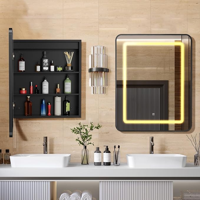 APRILSOUL 16x24 Inch Lighted Bathroom Medicine Cabinet with Mirror, Black Recessed or Surface Mount Medicine Cabinet Mirror with Storage and LED Lights, 3 Colors Temperature, Dimmable Light