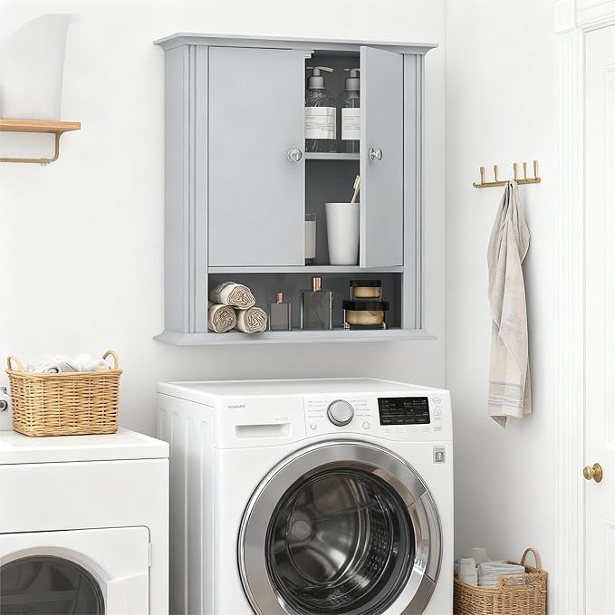 Wall Mounted Bathroom Cabinet Wooden Storage Cabinet with 2 Doors & Adjustable Shelf, Hanging Wall Cabinet Over Toilet, Upper Cabinet Storage Cupboard forBathroom, Kitchen,Laundry Room, Light Grey