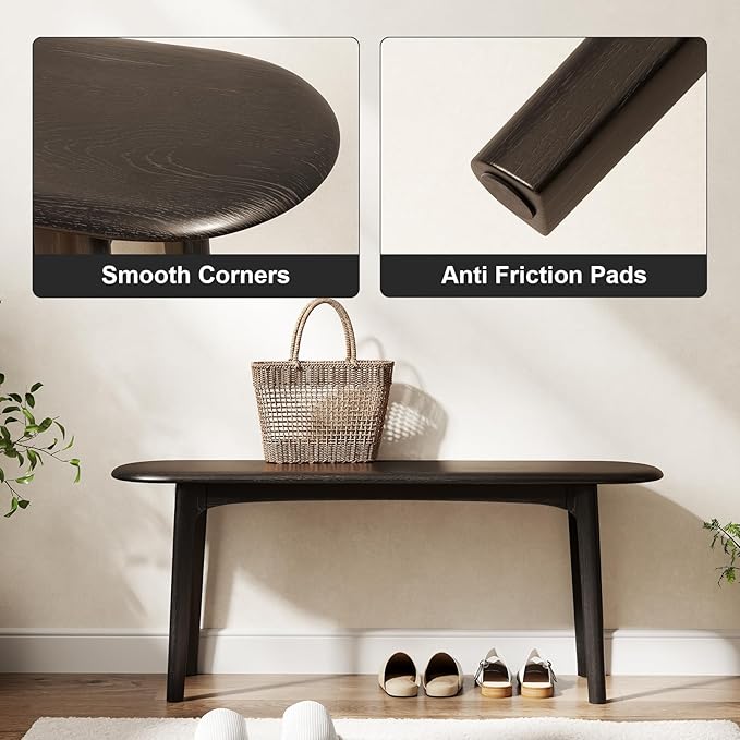 DONGMUWUEJEE 100% Solid Wood Dining Bench, Wood Bench for End of Bed with Rounded Corners, Entryway Benches for Farmhouse, Kitchen, Living Room and Plant Stand (Black, 39.4" D x 11.8" W x 19.7" H)