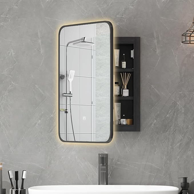 Recessed Medicine Cabinets for Bathroom Medicine Cabinet with Mirror and Lights,Backlight Lighted Medicine Cabinet,Black Medicine Cabinets Wall Mounted,Bathroom Mirror with Storage 16x24