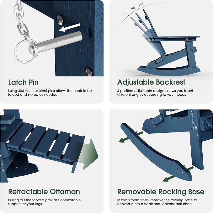 Adjustable Adirondack Rocking Chair with Retractable Ottoman Footrest, 4-in-1 Foldable HDPE Outdoor Rocker, Weather Resistant Adirondack Chair for Porch, Garden & Poolside, Navy Blue