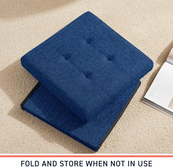 Ornavo Home 2 Pack 15 Inch Folding Storage Ottoman with Storage, Square Cube Linen Small Storage Ottoman Foot Rest Stool - Navy Blue
