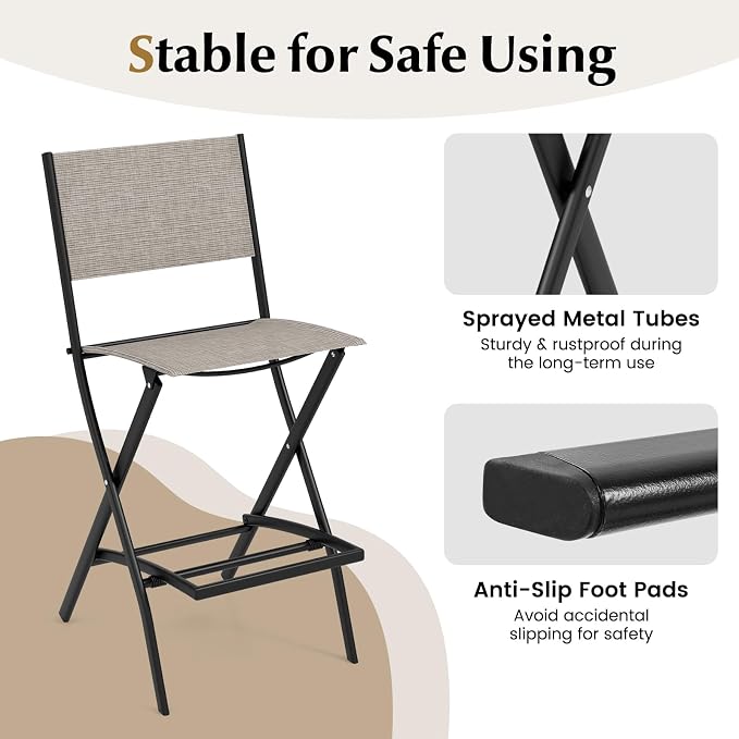 COSTWAY Outdoor Patio Bar Chair Set of 4, Folding Counter Height Stool with Metal Frame & Footrest, Patio Bar Stool for Balcony, Garden & Poolside (4, Coffee)