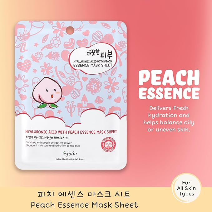 esfolio ピュアスキン ヒアルロン酸ピーチエッセンス フェイスマスクシート - ハイドレーティング 韓国フェイスマスク シミ、毛穴ケア、オイルコントロール、保湿・鎮静で肌を改善 (10枚入り)