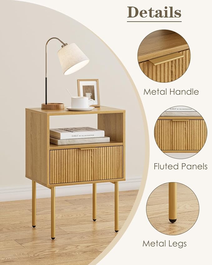 Aienvey Night Stand, Modern Nightstand with Drawers, Bedside Table, Gold Small Side Table for Bedroom, Living Room End Table (Oak Stripe, 1 Drawer)