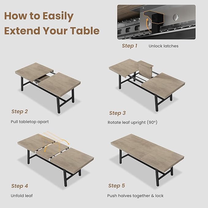 GarveeHome 63-83" Extendable Dining Table, Industrial Rectangular Dining Room Table for 6-8 People, Expandable Kitchen Table with Heavy Duty Metal Frame for Dining Room, Kitchen & Parties, Grey