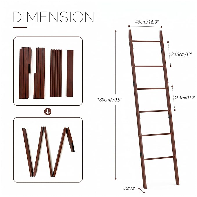 6 Tier Brown Blanket Ladder with Shelf, Wooden Blanket Rack for Living Room, Leaning Towel Ladder Rack for Bedroom, Bathroom, Quilts, Throws, Towels and Farmhouse Décor