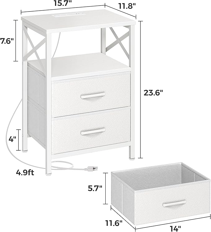 Huuger Nightstands Set of 2, Night Stand with Charger Station, 2 Drawer Side Table with Open Shelf, USB-C Port, End Table for Small Spaces, X Shaped Side Rail, White