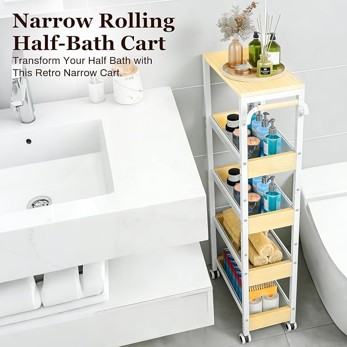 Utility Slim Storage Cart with Wheels, 4 Tier Slim Rolling Cart, Slim Rolling cart for Kitchen,Small Rolling Cart with Wood Top, Skinny Metal Organization Trolley Laundry with Handle for Small Space