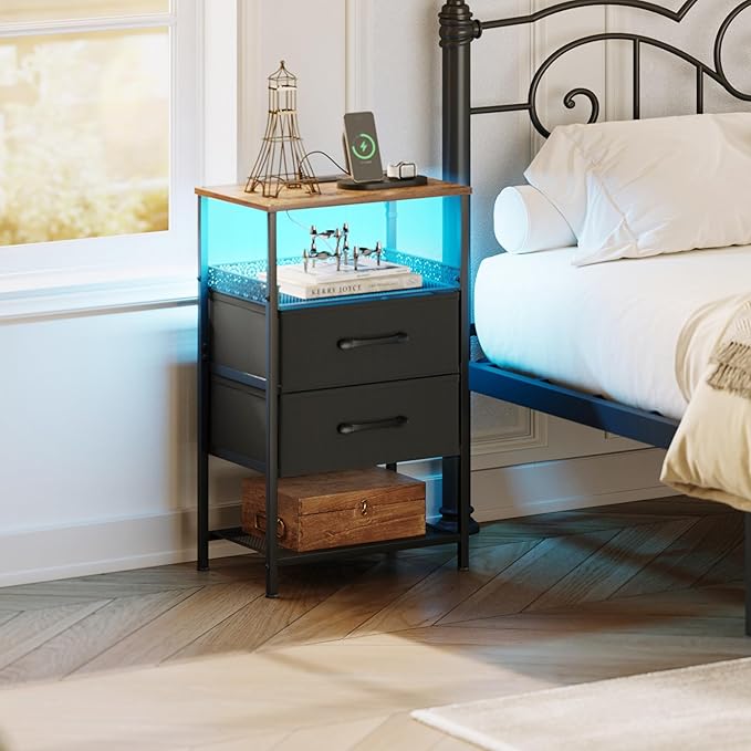 JARHETUN Nightstand Set of 2 with Charging Station, Night Stands with LED Lights, 26.4 Inch Tall Bedside Table with Metal Shelf, Side Table with 2 Fabirc Drawers for Bedroom, Rustic Brown