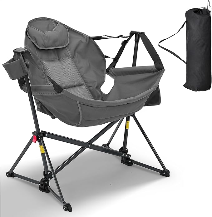 Ainfox Hammock Camping Chair, Foldable Portable Rocking Chairs for Adults Outside Swinging Camp with Cup Holder Pillow for Outdoor Patio Poolside (Grey)