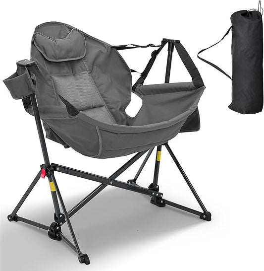 Ainfox Hammock Camping Chair, Foldable Portable Rocking Chairs for Adults Outside Swinging Camp with Cup Holder Pillow for Outdoor Patio Poolside (Grey)