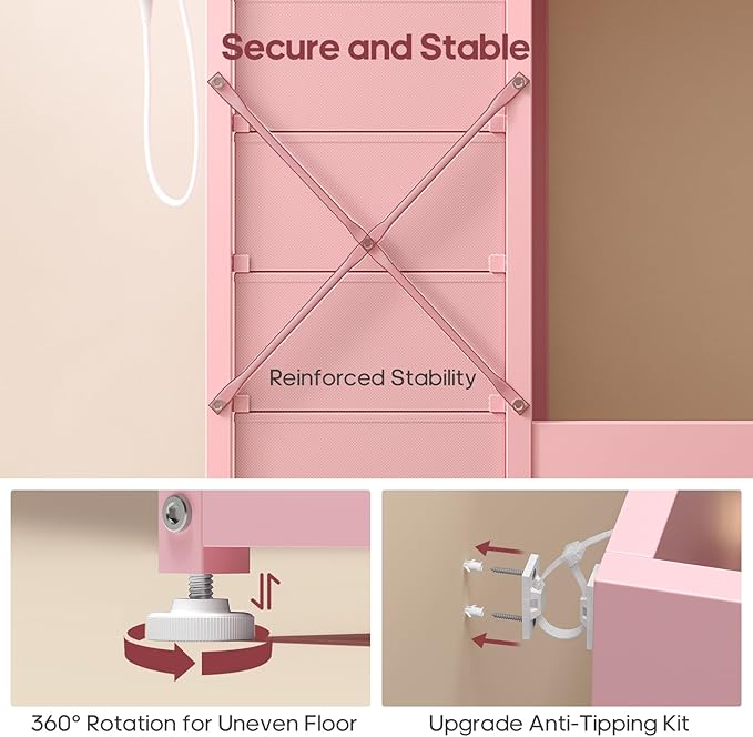 HAUOMS Pink Vanity with Lights and Mirror, 11 Drawer Makeup Vanity with Power Strip, 6 Open Shelves, 43.3” Vanity Desk with Storage, Dressing Table with 3 Color Modes for Bedroom, Women, Girls (Pink)