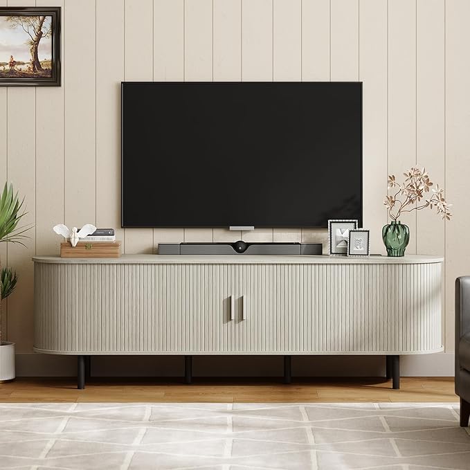 ONBRILL 70.8" TV Stand with Power Outlet for TVs up to 75 Inch, Entertainment Center with Storage and Adjustable Shelves, Modern Media Console with Sliding Doors for Living Room, Natural White