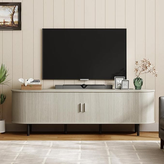 ONBRILL 70.8" TV Stand with Power Outlet for TVs up to 75 Inch, Entertainment Center with Storage and Adjustable Shelves, Modern Media Console with Sliding Doors for Living Room, Natural White