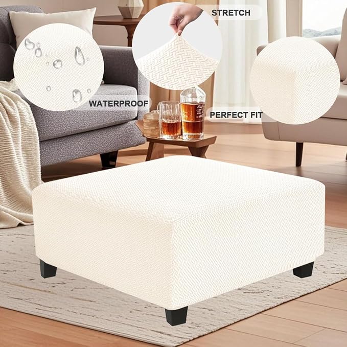 Levoberg Waterproof Square Ottoman Cover Large Square Folding Storage Ottoman Bench Slipcovers Footrest Stool Covers Oversized Ottoman Coffee Table Covers Cube with Elastic Bottom M Beige