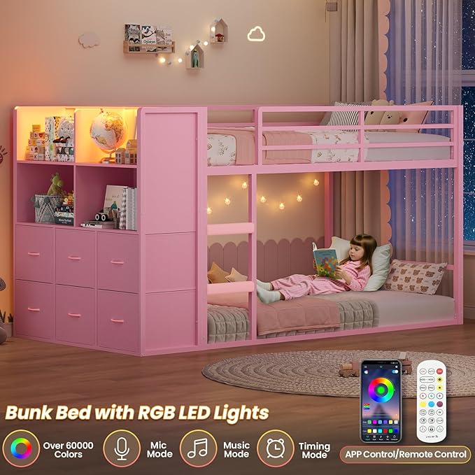 BTHFST Bunk Bed Twin Over Twin with 6 Large Fabric Drawers & 4 Storage Bookshelf, Metal Low Bunk Bed for Kids with LED Lights & Ladder and Guardrail, Space Saving, for Girls, Pink