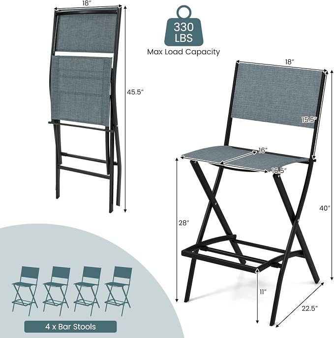 COSTWAY Outdoor Patio Bar Chair Set of 4, Folding Counter Height Stool with Metal Frame & Footrest, Patio Bar Stool for Balcony, Garden & Poolside (4, Blue)
