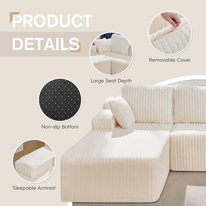 Hobestluk Modular Sectional Sofa Boneless Couch L-Shape Couch 3 Seat Modular Couch Memory Foam Sectional Couches for Living Room Furniture, Cloud Couch with Oversized Chaise (108" Left Facing Chaise)