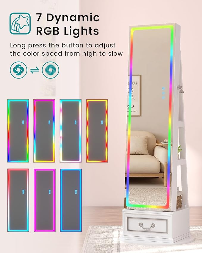 Vlsrka LED Mirror Jewelry Cabinet with Lights, Lockable Full Length Mirror with Storage, Standing Jewelry Armoire Organizer with Touch Screen&RGB Modes for Small Bedroom Spaces, Gift for Women, White
