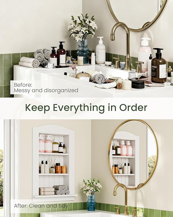 CHOEZON Recessed Wall Niche, 3-Tier Recessed Medicine Cabinet, Bathroom Cabinet Wall Mount, Bamboo Medicine Organizer, Wall Storage Cabinet, for Bathroom, Living Room, Kitchen, White
