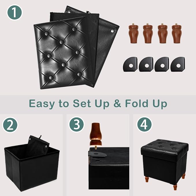 CAROLMADE Folding Storage Ottoman Cube PU Leather Footstool with Wood Legs Ottoman Footrest for Living Room and Bedroom Black, 15x12.6 x 15.4”