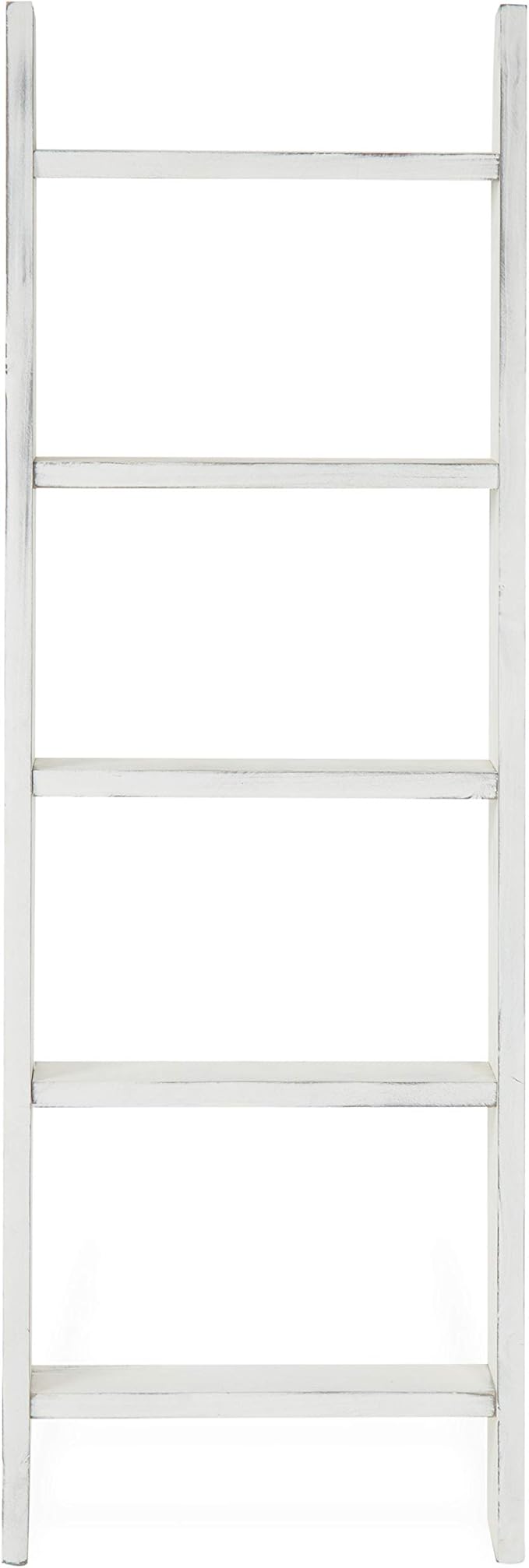 MyGift Large Whitewashed Wood Ladder Blanket Ladder, Farmhouse Style Wall Leaning Towel Rack with 5 Rungs (Vintage White)