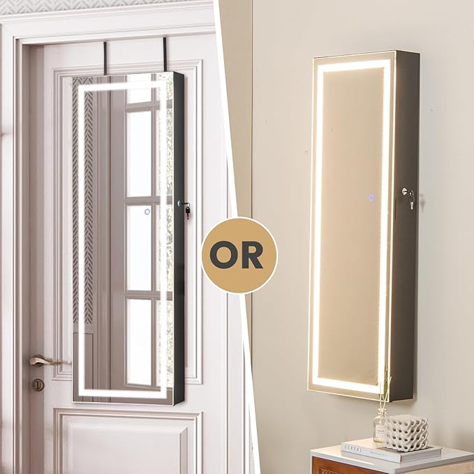 CHARMAID LED Mirror Jewelry Cabinet, 47.2'' Jewelry Armoire with Adjustable Lighted Full Length Mirror, Wall Mounted or Door Hanging, Lockable Jewelry Organizer Storage (Black, 47.2''H)