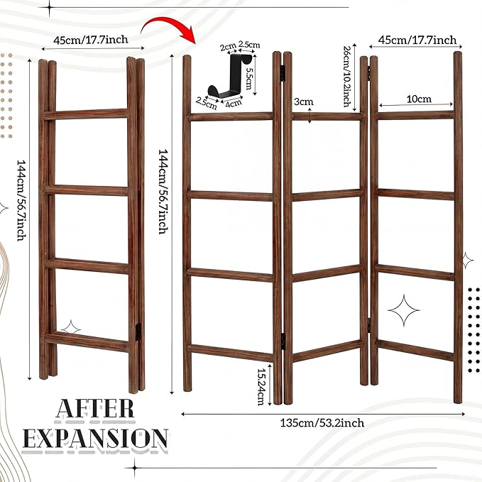 CroBlissful 3 Panel Blanket Ladder, 56.7" H Rustic Wood Quilt Display Rack, Foldable Free Standing Towel Ladder with 9 Hooks, Decorative Blanket Holder for Living Room Bedroom Bathroom Farmhouse Decor