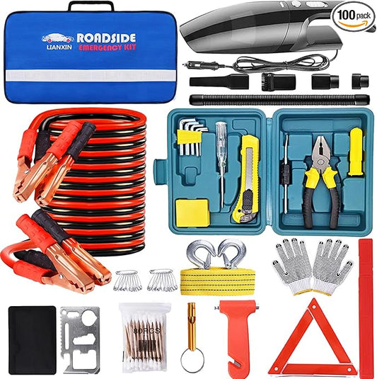 LIANXIN Roadside Car Emergency Kit- Car Safety Kit,Car Kits Emergency,High Power Car Vacuum,Jumper Cable Kits,Reflective Warning Triangle,Car Emergency Kit