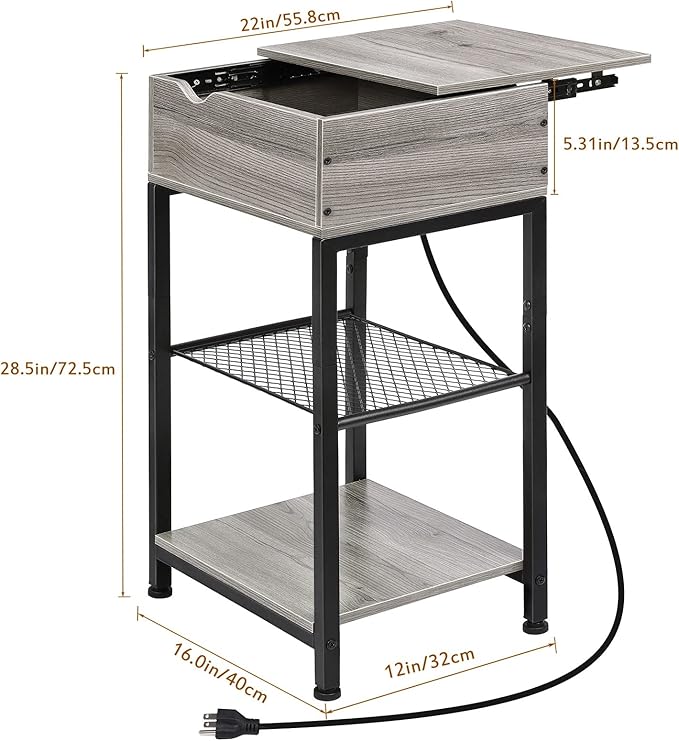 End Table with Charging Station, Bedside Table Nightstand Narrow Sliding Top Side Table with Storage Shelf with USB Ports & Power Outlets for Small Spaces Living Room, Bedroom, Office, Sliver