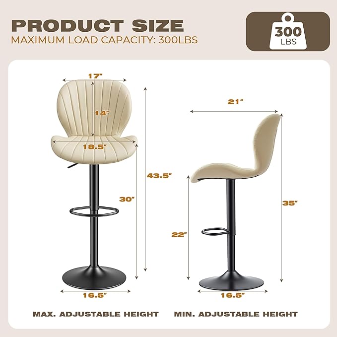 GRUSIGN Bar Stools Set of 2, Modern Swivel Adjustable Bar Chairs, Faux Leather Upholstered Counter Height Bar Stools with Backrest, Comfort Barstools for Kitchen Island, Home Bar, Beige