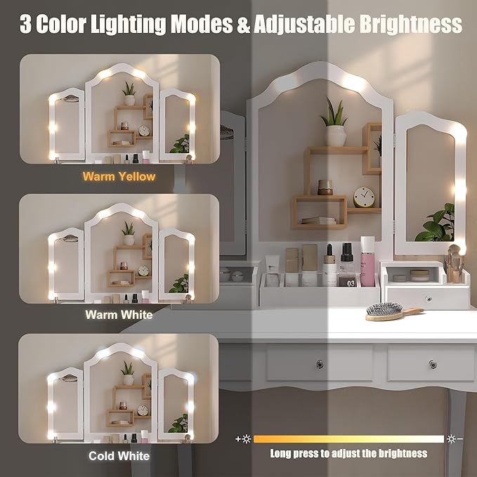 NEDYO Vanity Table, Vintage Vanity Desk with Mirror and Lights, Tri-Fold Mirror Small Makeup Vanity with Chair, Vanity Set for Bedroom and Small Spaces. White