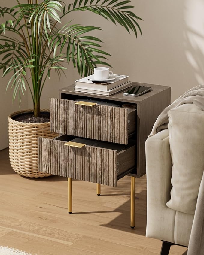 Aienvey Night Stand, Modern Nightstand with Drawers, Bedside Table, Gold Small Side Table for Bedroom, Living Room End Table (Grey Stripe, 2 Drawers)