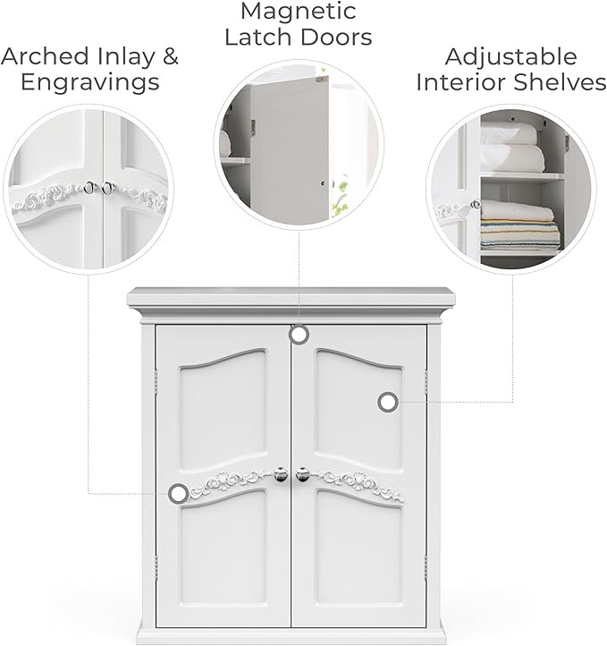 Teamson Home Versailles 22" x 24" Bathroom Wall Cabinet with Doors and Adjustable Shelves, White Medicine Cabinet for Storage in Bathroom, Kitchen, Laundry, Office, Garage, Above Toilet