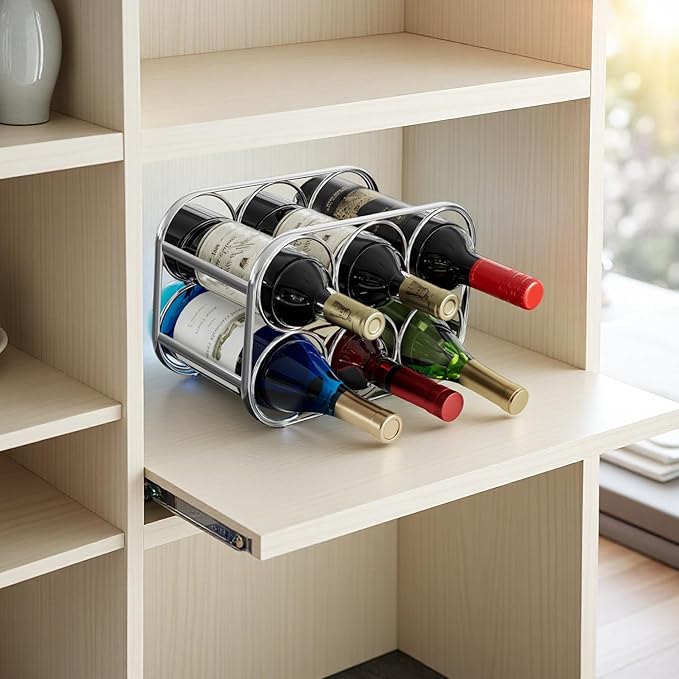 Buruis 6-Bottle Wine Rack, Modern Metal Countertop Wine Holder Stand for Kitchen, Pantry & Cabinet Storage, No Assembly Required, Silver