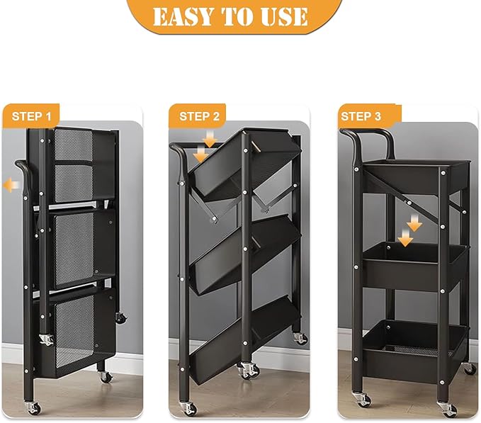 Foldable Rolling Cart 3 Tier Utility Storage Cart No Assembly Metal Heavy Duty Kitchen Carts Folding on Wheels Trolley Organizer Cart with Cup and Hooks for Office/Classroom/Dorm(Black)