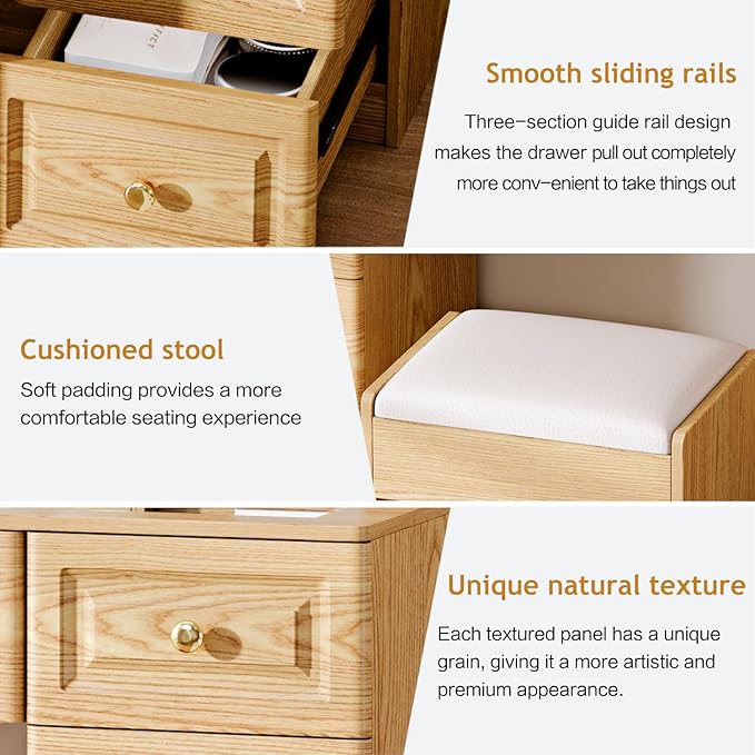 Arulvmrn 43" Makeup Vanity Desk with Mirror and Lights, & Power Outl, Glass Top Big Vanity Table with 9 Drawers& 8 Storage Shelves, Dressing Table Set with Chair for Bedroom, Wood