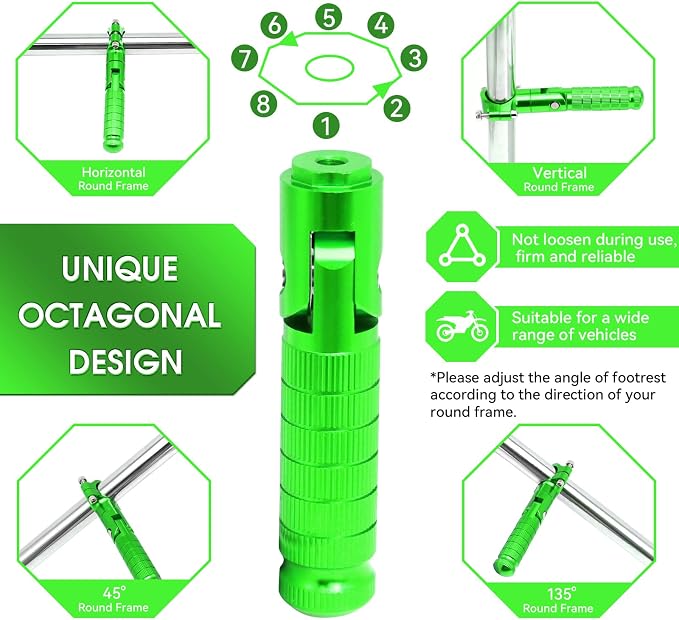 Foot Pegs Non-sliding Footrest Motorcycle Bicycle Folding Foot Pegs 90 Degree Foldable Electric Motorbike Passenger Footrests Rearsets Rear Set Footpegs Foot Rest Pedals (Green)