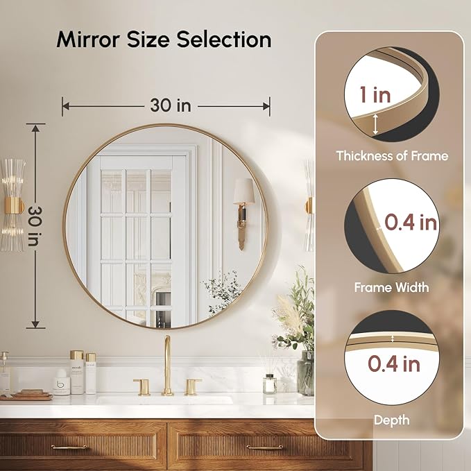 USHOWER Gold Bathroom Mirrors for Over Sink, 30 Inch Circle Mirror with Metal Frame, Wall Mirror for Vanity, Entryway, Living Room, Hallway and Bedroom Decor