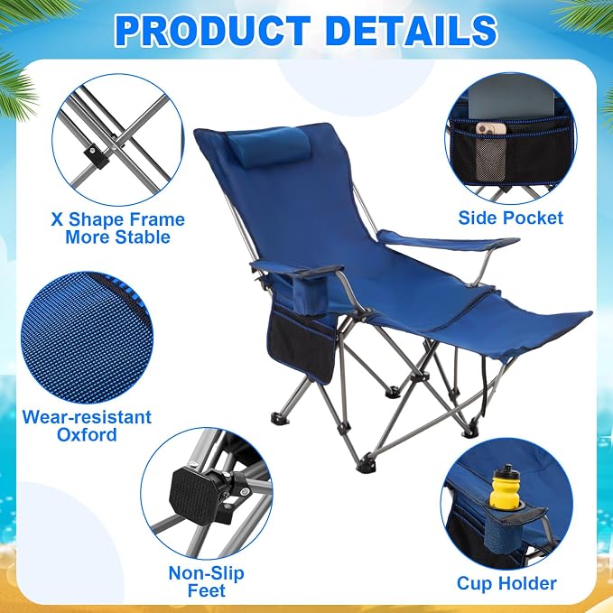 Yuntau 2 Set Reclining Beach Chairs with UPF 50+ Umbrellas Shade, Upgraded Heavy Duty Portable Folding Lounge Camping Chair with Canopy Removable Footrest & Headrest for Outdoor Patio(Black,Blue)