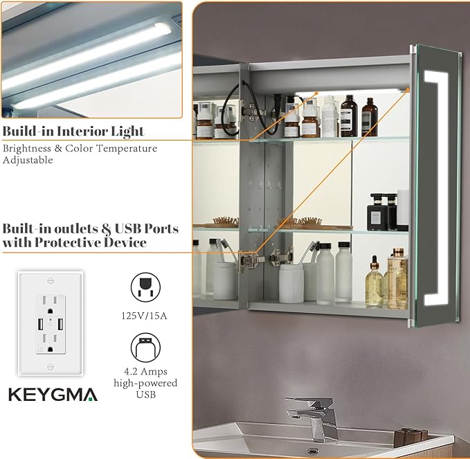Lighted Medicine Cabinet with Mirror Outlet,30 X 26 Inch,Recessed Or Surface-Mounted Led Medicine Cabinet Mirror for Bathroom Storage,Interior Light, Double Door,Defog,Stepless Dimming